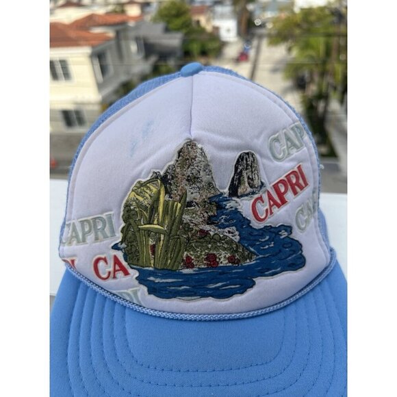 Vintage Capri blue trucker mesh hat Italian 80s Mediterranean graphic *defects - Picture 1 of 11